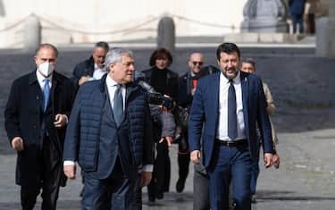 L'arrivo a palazzo Chigi di Antonio Tajani e Matteo Salvini per il vertice del centrodestra con il premier Mario Draghi, Roma, 13 aprile 2022. 
ANSA/MASSIMO PERCOSSI