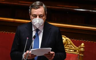 Italian Prime Minister, Mario Draghi, delivers a speech on Ukraine war in the hall of the Senate, Rome, Italy, 19 May 2022. ANSA/RICCARDO ANTIMIANI