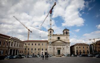 A view of city square Piazza del Duomo in downtown of L'Aquila, Italy, on April 3, 2019 about ten years on from the April 6, 2009 earthquake that struck the Abruzzo region of Italy. An earthquake of 5.8 on the Richter magnitude scale hit LAquila and surrounding villages on April 6, 2009 with 308 people dead. (Photo by Manuel Romano/NurPhoto via Getty Images)