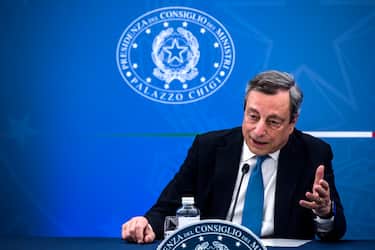 Italian Prime Minister Mario Draghi attends a press conference after the meeting with the CGIL, CISL, and UIL trade unions at the Multifunctional Hall of the Presidency of the Council, Chigi Palace, in Rome, Italy, 12 July 2022.
ANSA/ANGELO CARCONI