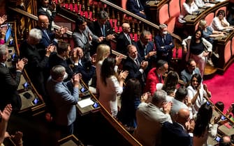La capogruppo del M5s al Senato Mariolina Castellone al termine dellÕintervento in aula durante le dichiarazioni di voto sulla fiducia al decreto aiuti al Senato, Roma, 14 luglio 2022. ANSA/ANGELO CARCONI