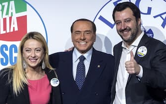 (L-R) Brothers of Italy's Giorgia Meloni, Forza Italia's Silvio Berlusconi and League's Matteo Salvini attend a media event for center-right parties leaders ahead of the general elections, in Rome, Italy, 01 March 2018. General elections in Italy will be held on 04 March 2018.  
ANSA/ANGELO CARCONI