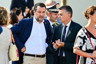 Italian Senator and leader of Lega party Matteo Salvini (left) and Italian deputee Edoardo Rixi attend a public ceremony on the fourth anniversary of the Morandi Bridge s collapse, in Genoa, Italy, 14 August 2022. ANSA/SIMONE ARVEDA