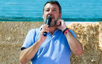 Matteo Salvini Italian politician and former member of the European parliament, during a meeting in Borgo Appio with buffalo breeders in the province of Caserta. Borgo Appio, Italy, August 25, 2022. (photo by Vincenzo Izzo / Sipa USA)