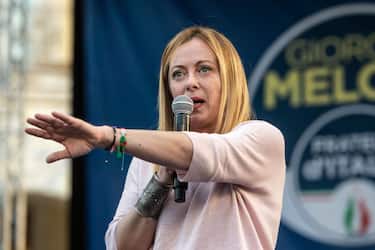 CASERTA, ITALY - SEPTEMBER 18: Giorgia Meloni leader of the "Fratelli d'Italia" party speaks at a political rally on September 18, 2022 in Caserta, Italy. Italians head to the polls for general elections on September 25, 2022. (Photo by Ivan Romano/Getty Images)