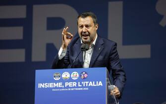 Federal secretary of Italian party Lega Nord Matteo Salvini attend of the center-right closing rally of the campaign for the general elections at Piazza del Popolo, in Rome, Italy, 22 September 2022. ANSA/GIUSEPPE LAMI