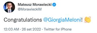 "Congratulazioni Giorgia Meloni!". È il tweet con cui il premier polacco Mateusz Morawiecki esulta dopo gli exit poll delle elezioni italiane.
Meloni e Morawiecki all'Eurocamera fanno entrambi parte del
gruppo Ecr. +++ TWITTER +++