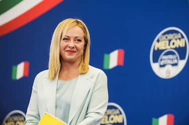 ROME, ITALY - 2022/09/26: Giorgia Meloni is seen during a press conference. Giorgia Meloni, leader of the far-right and national-conservative party Fratelli d'Italia (Brothers of Italy), commented on the party's victory at the Italian elections, held on 25 September 2022, at Parco Principi Hotel in Rome. (Photo by Valeria Ferraro/SOPA Images/LightRocket via Getty Images)