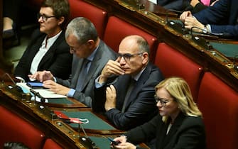 Leader of Italian centre-left Democratic Party (PD), Enrico Letta (2ndR) is seen prior to the start of the vote for the new president of the parliament following the general elections, on October 13, 2022,. - Italian Senators and Deputies meet for the first time October 13, 2022, since elections to elect the new Presidents of the Parliament and the Senate. (Photo by Alberto PIZZOLI / AFP) (Photo by ALBERTO PIZZOLI/AFP via Getty Images)