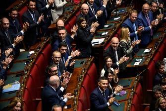 Deputies of centre-right parties celebrate the election of Lorenzo Fontana as new Speaker of the Italian Chamber of Deputies during the XIX legislature in Rome, Italy, 14 October 2022. ANSA/RICCARDO ANTIMIANI