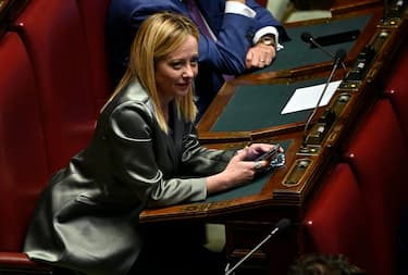 Leader of Fratelli d'Italia ('Brothers of Italy') party Giorgia Meloni (L) during the election of the Speaker of the Italian Chamber of Deputies during the XIX legislature in Rome, Italy, 14 October 2022. ANSA/RICCARDO ANTIMIANI