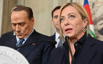 Former premier, leader of the Forza Italia (FI) party Silvio Berlusconi (L) and President of the Brothers of Italy party (Fratelli d'Italia, (FdI) Giorgia Meloni (R) address the media after a meeting with Italian President Sergio Mattarella for the first round of formal political consultations for new government at the Quirinale Palace in Rome, Italy, 21 October 2022.  ANSA/ETTORE FERRARI