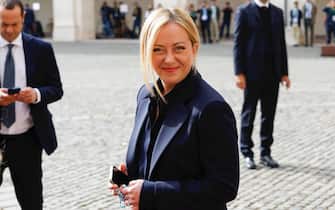 Leader of  Fratelli d'Italia  party Giorgia Meloni leaves at the end a meeting with Italian President Sergio Mattarella for the first round of formal political consultations for new government at the Quirinale Palace in Rome, Italy, 21 October 2022. 
ANSA/FABIO FRUSTACI