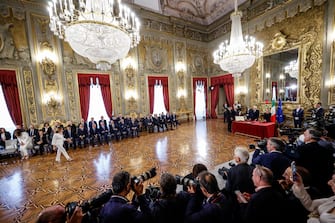 Italian President, Sergio Mattarella, and Italian Prime Minister, Giorgia Meloni, during the swearing-in ceremony of the new Italian Government, at 
Quirinal Palace, Rome, Italy, 22 October 2022.   ANSA/FABIO FRUSTACI