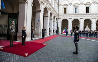 Italian Prime Minister, Giorgia Meloni, arrives at Chigi Palace for the handover between outgoing and incoming Prime Minister, with Mario Draghi (not pictured), Rome, Italy, 23 October 2022. ANSA / ANGELO CARCONI