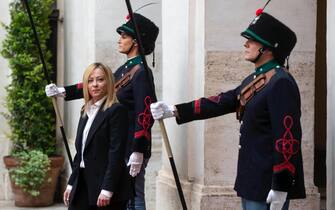 Italian Prime Minister Giorgia Meloni arrives at Chigi Palace for the handover ceremony to the new government and the opening of the first council of ministers, in Rome, Italy, 23 October 2022. ANSA / ANGELO CARCONI