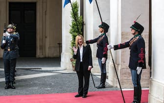 Italian Prime Minister, Giorgia Meloni, arrives at Chigi Palace for the handover ceremony between the outgoing and incoming Premier, with Mario Draghi (not pictured), Rome, Italy, 23 October 2022. ANSA / ANGELO CARCONI