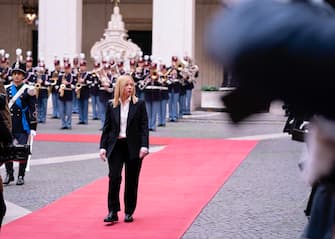 This handout picture, made available by Chigi Palace Press Office, shows Italian Prime Minister, Giorgia Meloni, at Chigi Palace for the handover ceremony between the outgoing and incoming Premier, with Mario Draghi (not pictured), Rome, Italy, 23 October 2022.   NPK   Filippo Attili - Chigi Palace Press Office  +++ ANSA PROVIDES ACCESS TO THIS HANDOUT PHOTO TO BE USED SOLELY TO ILLUSTRATE NEWS REPORTING OR COMMENTARY ON THE FACTS OR EVENTS DEPICTED IN THIS IMAGE; NO ARCHIVING; NO LICENSING +++