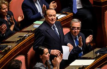 Leader of Forza Italia, Silvio Berlusconi (C), delivers a speech ahead of a confidence vote for the new government, at the Senate in Rome, Italy, 26 October 2022. ANSA/RICCARDO ANTIMIANI