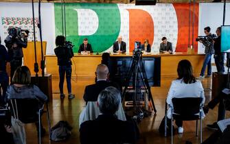 Giuseppe Provenzano, Enrico Letta, Cecilia D Elia e Marco Meloni durante la riunione della segreteria del Partito Democratico, Roma 27 ottobre 2022.
ANSA/FABIO FRUSTACI