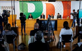 Giuseppe Provenzano, Enrico Letta, Cecilia D Elia e Marco Meloni durante la riunione della segreteria del Partito Democratico, Roma 27 ottobre 2022.
ANSA/FABIO FRUSTACI