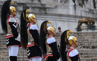 Members of the Corazzieri presidential guards, the Italian Corps of Cuirassiers, stand guard at the Altare della Patria monument in Rome on November 4, 2022 during a wreath laying ceremony at the tomb of the unknown soldier as part of celebrations of National Unity and Armed Forces Day, marking the end of the World War I in Italy. (Photo by Andreas SOLARO / AFP) (Photo by ANDREAS SOLARO/AFP via Getty Images)