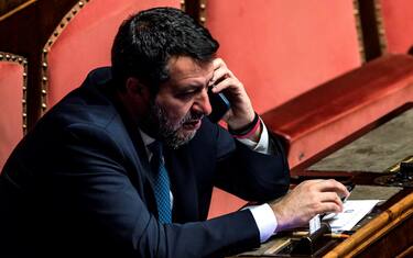 Il ministro delle Infrastrutture Matteo Salvini durante l'esame della Nota di aggiornamento del Documento di economia e finanza (Nadef) in aula al Senato, Roma, 09 novembre 2022. ANSA/ANGELO CARCONI