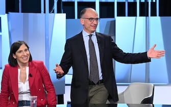 Il segretario del Partito Democratico Enrico Letta con Elly Schlein partecipano alla trasmissione Mezz'ora in più di Rai3, Roma, 18 settembre 2022. 
ANSA/CLAUDIO PERI