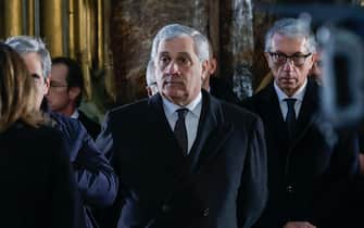 il ministro degli Esteri Antonio Tajani nella chiesa di Santia Apostoli durante il funerale di Franco Frattini, Roma, 27 Dicembre 2022. ANSA/GIUSEPPE LAMI
 