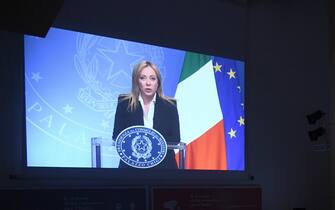 Il Videomessaggio della Presidente del Consiglio Giorgia Meloni all'assemblea pubblica "Il Sistema della cosmetica per l'Italia" organizzata da Cosmetica Italia presso l'auditorium dell'Ara Pacis
Roma, 28 febbraio 2023. 
ANSA/FABIO CIMAGLIA

