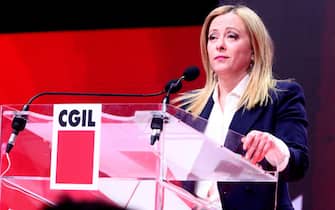 Italian Prime Minister Giorgia Meloni  speaks on the occasion of the XIX national congress of the CGIL at the Palacongressi in Rimini, Italy, 17 March 2023. Italy's leading trade union confederation CGIL's congress has this year's motto: 'Work creates the future'. 
ANSA/DAVIDE GENNARI