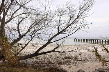 L'isola di Sirmione in secca, lago di Garda, Brescia 7 marzo 2023. In Italia quasi 9 litri di pioggia su 10 che cadono lungo la penisola non vengono raccolti. Lo afferma Coldiretti in occasione della Giornata Mondiale dell'Acqua del 22 marzo, nel sottolineare che a livello nazionale per le carenze infrastrutturali si trattiene solo l'11% dell'acqua piovana. Coldiretti sostiene che crescita delle temperature, sfasamenti stagionali e soprattutto modificazione della distribuzione ed aumento dell'intensità delle piogge sono effetti dei cambiamenti climatici che richiedono interventi strutturali oggetto della cabina di regia del governo. Ansa/ Filippo Venezia