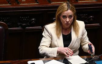 Italian Prime Minister, Giorgia Meloni, delivers a speech at the Lower House ahead of the upcoming European Council meeting scheduled for 23-24 March, Rome, Italy, 22 March 2023. ANSA/RICCARDO ANTIMIANI