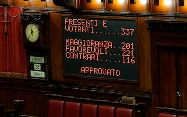 Tabellone elettronico della Camera con risultato votazione del DEF, Roma, 28 Aprile 2023. ANSA/GIUSEPPE LAMI