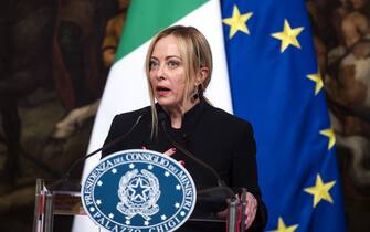Italian Prime Minister Giorgia Meloni at press conference with with Ukraine's President Volodymyr Zelensky (not seen) at Chigi Palace during his visit to Italy for the first time since the beginning of the Russian invasion, in Rome, Italy, 13 May 2023. ANSA/ANGELO CARCONI