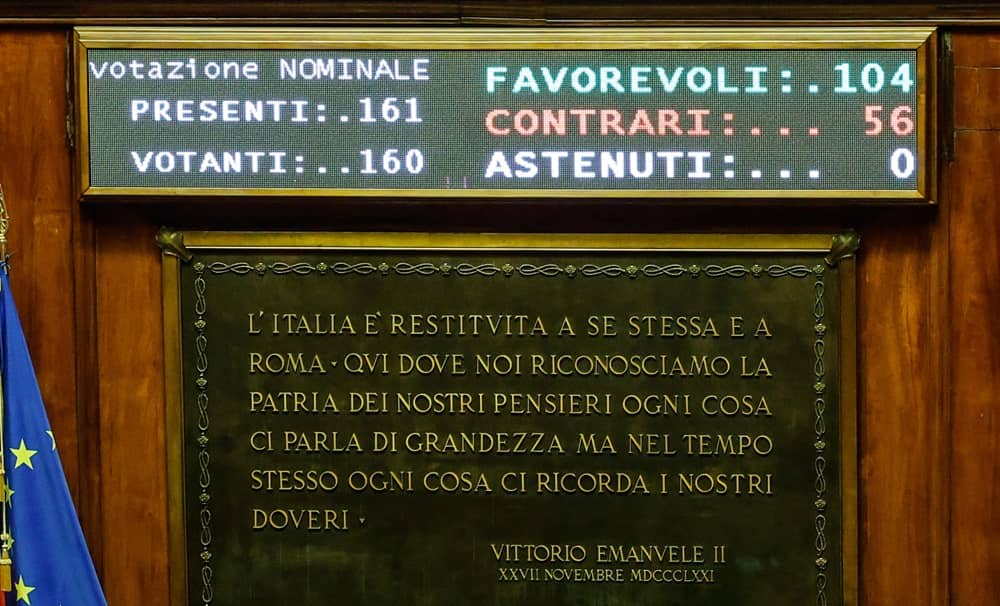Tabellone elettronico del Senato con risultato votazione del DDL Riforma Giustizia penale, Roma, 13 Febbraio 2024. ANSA/GIUSEPPE LAMI