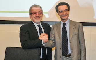Foto Lapresse - Matteo Corner 
12/02/2018 Milano (Italy)
Cronaca
Nella foto: Conferenza stampa Attilio Fontana
Nella foto Roberto Maroni e Attilio Fontana