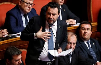 Il leader della Lega Matteo Salvini durante il dibattito sul caso Gregoretti nell'Aula di Palazzo Madama, Senato della Repubblica, Roma, 12 febbraio 2020. ANSA/RICCARDO ANTIMIANI