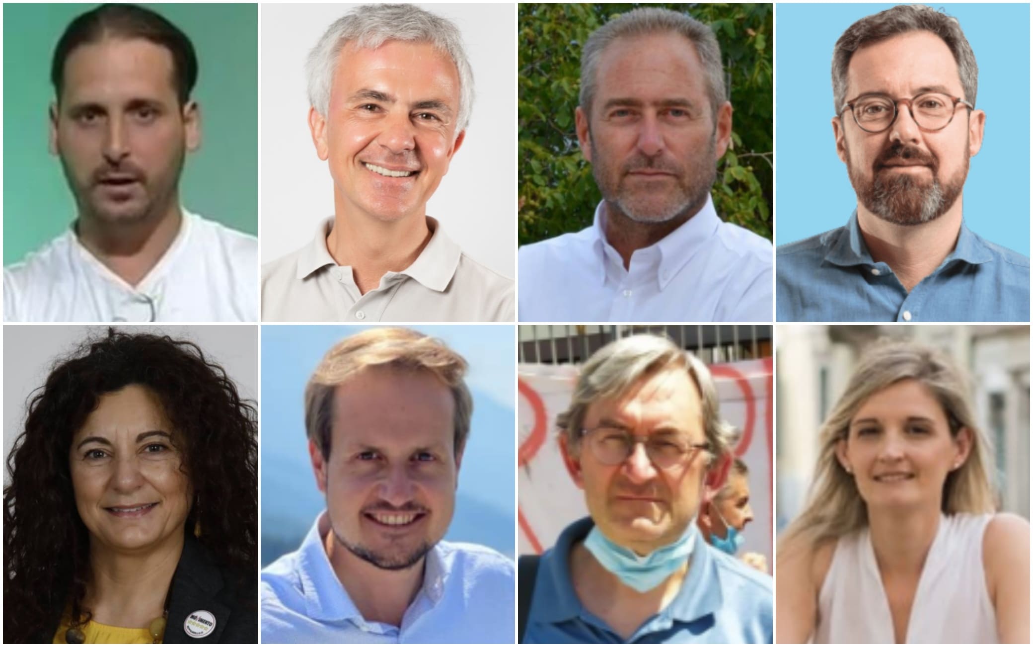 Gli otto candidati a sindaco a Trento: in alto da sinistra Franco Bruno, Marcello Carli, Filippo Degasperi, Franco Ianeselli; in basso da sinistra Carmen Martini, Andrea Merler, Giuliano Pantano e Silvia Zanetti candidati sindaco trento 2020