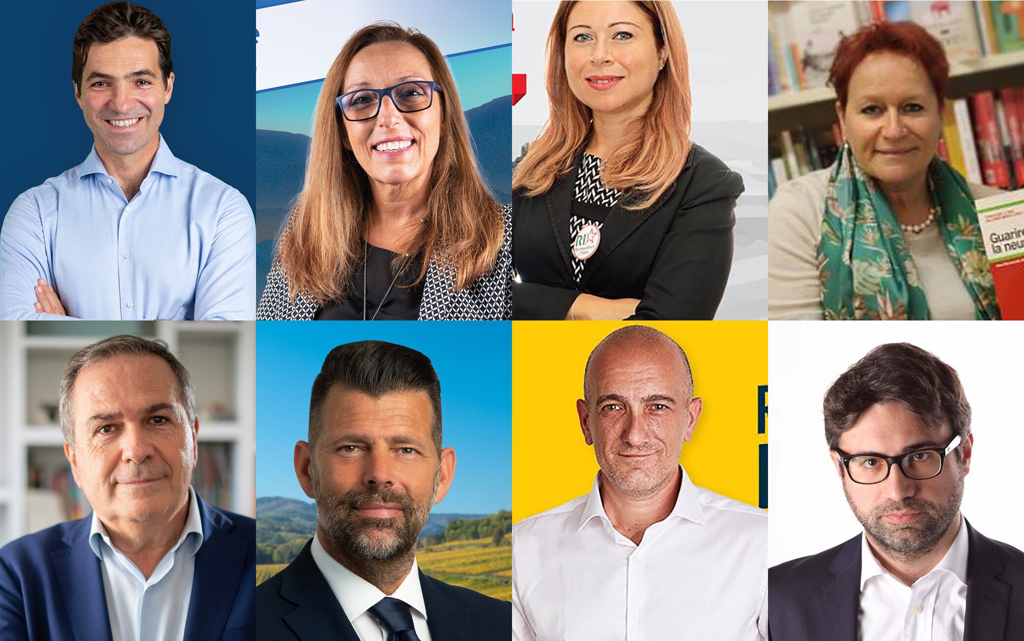 Gli aspiranti governatori nelle Marche: da sx in alto a dx in basso Francesco Acquaroli, Sabrina Banzato, Alessandra Contigiani, Anna Rita Iannetti, Roberto Mancini, Maurizio Mangialardi, Gian Mario Mercorelli e Fabio Pasquinelli Elezioni Regionali Marche Candidati
