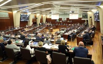 Il presidente della Regione Lombardia Attilio Fontana partecipa al consiglio regionale a palazzo Pirelli, Milano, 27 luglio 2020.
ANSA / MATTEO BAZZI