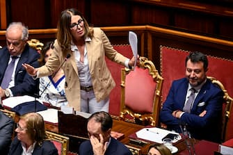 Minister of Tourism, Daniela SantancheÕ (L), with Minister of Transports and Vice-Premier, Matteo Salvini (R), as she reports at the Senate on events related to a television news report and subsequent press articles, Rome, Italy, 5 July 2023. ANSA/RICCARDO ANTIMIANI