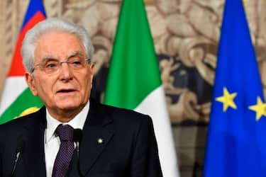 Italy's President Sergio Mattarella addresses journalists after a meeting with Italy's prime ministerial candidate Giuseppe Conte on May 27, 2018 at the Quirinale presidential palace in Rome. Italy's prime ministerial candidate Giuseppe Conte gave up his mandate to form a government after talks with the president over his cabinet collapsed. - "I have given up my mandate to form the government of change. I thank the president of the republic for having given me the mandate on May 23. I thank the two political forces Luigi Di Miao for the Five Star and Matteo Salvini from the League for having put me up as a candidate," said Conte to reporters after leaving a failed summit with president Sergio Mattarella today. (Photo by Vincenzo PINTO / AFP) (Photo by VINCENZO PINTO/AFP via Getty Images)