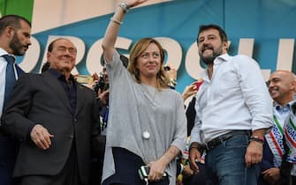 (L-R) Leader of Forza Italia party, Silvio Berlusconi, Leader of Fratelli d'Italia party, Giorgia Meloni and the Secretary of League party Matteo Salvini during  the anti-government rally called by the League party in Rome, 19 October 2019. ANSA/ALESSANDRO DI MEO