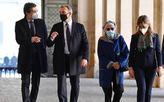 Gruppo Misto (Mixed Group) members of the Senate and of the Chamber of Deputies Riccardo Magi (L), Matteo Richetti (2-L) and Emma Bonino (2-R)arrive for a meeting with Italian President Sergio Mattarella at the Quirinale Palace for the first round of formal political consultations following the resignation of Prime Minister Giuseppe Conte, in Rome, Italy, 28 January 2021. ANSA/POOL/ETTORE FERRARI