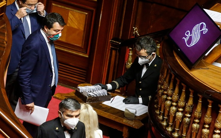 Il leader della Lega, Matteo Salvini nell'aula del Senato nel giorno del voto sull'autorizzazione a procedere per la vicenda Open Arms, Roma 30 luglio 2020. ANSA/FABIO FRUSTACI