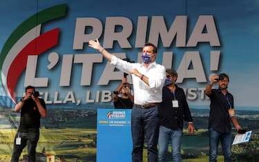 Matteo Salvini in piazza della Bocca della Verita  durante la manifestazione della Lega   Prima l'Italia! Bella, libera, giusta  ,  Roma, 19 Giugno 2021. ANSA/GIUSEPPE LAMI