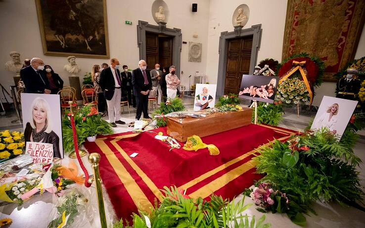 Conductors Renzo Arbore and Pippo Baudo at the funeral home set up for Raffaella Carrà in the Protomoteca hall of Rome's Capitol, 07 July 2021. The worldwide famous artist died on 05 July, at 78, due to an illness. ANSA / Massimo Percossi