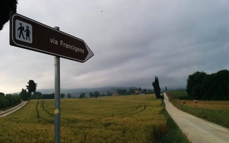 Il cartello che indica la direzione per la via Francigena