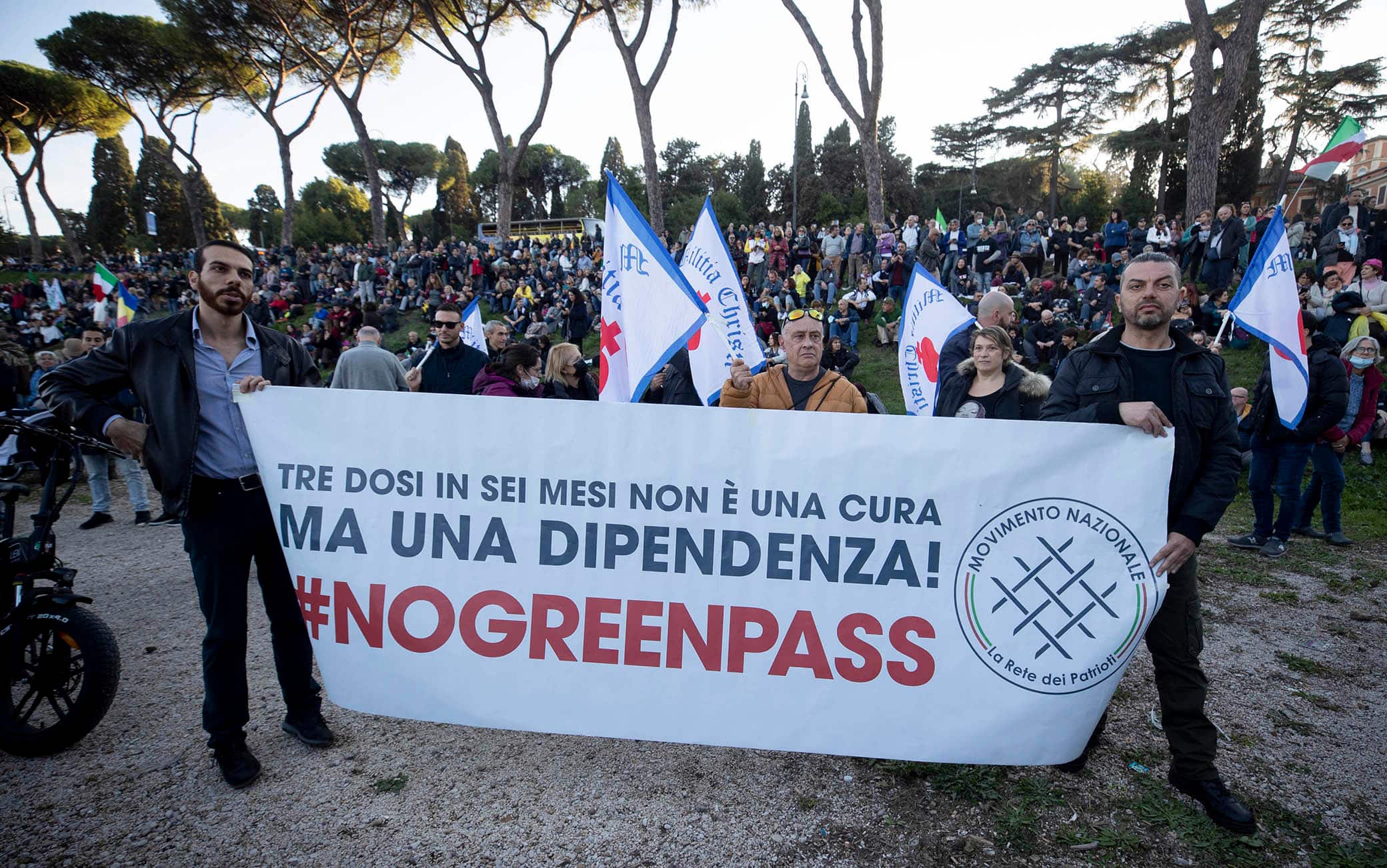 People take part in a 'No Green Pass' rally at the Circus Maximus, in Rome, Italy, 20 November 2021. The obligation to have the Green Pass coronavirus vaccine passport to enter all Italian public and private workplaces came into force last 15 October. 
ANSA/ MASSIMO PERCOSSI